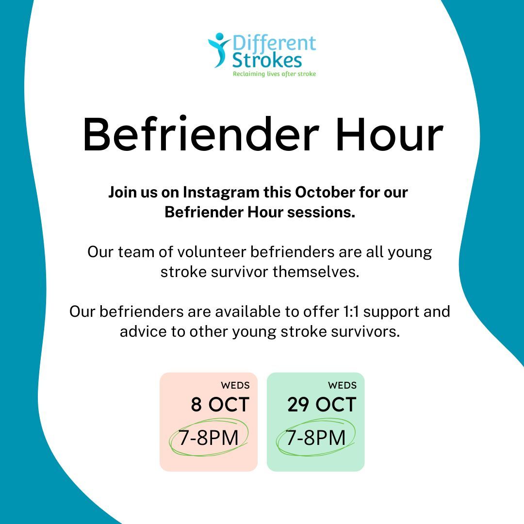 Different Strokes (@diffstrokes) on Twitter photo Befriender Hour
Our befrienders are available to offer 1:1 support and advice to other young stroke survivors for our Befriender Hour sessions. 
There’s one tomorrow! Wednesday 8th October 2025 
For more information visit
buff.ly/OorknLr Befriender Hour
Our befrienders are available to offer 1:1 support and advice to other young stroke survivors for our Befriender Hour sessions. 
There’s one tomorrow! Wednesday 8th October 2025 
For more information visit
buff.ly/OorknLr
