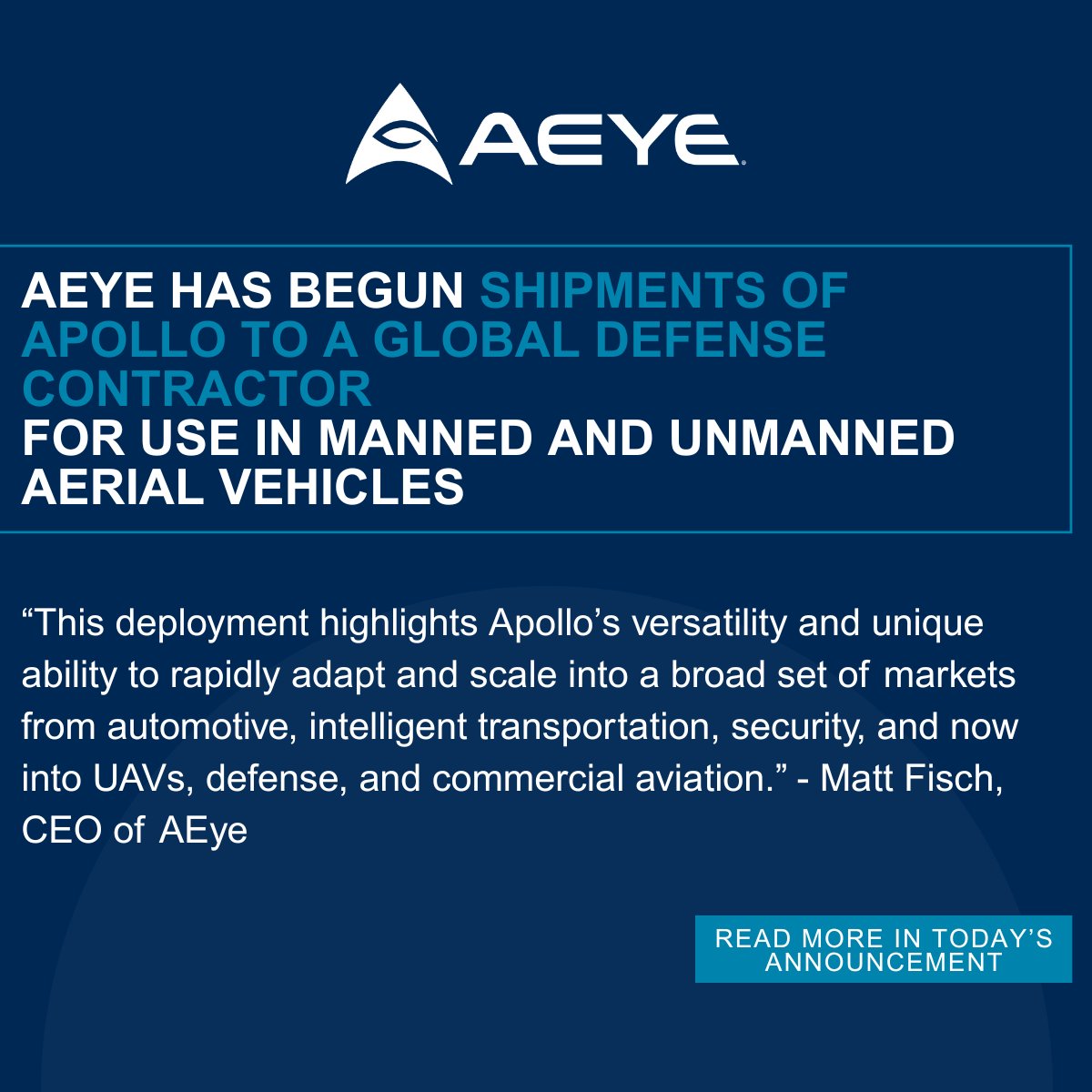 We’ve reached another key milestone at AEye. Shipments of #Apollo are now underway to a leading U.S. #defense contractor, marking our expansion into the #aviation and defense markets. Apollo’s long-range detection capabilities enhance visibility and #safety at greater distances,