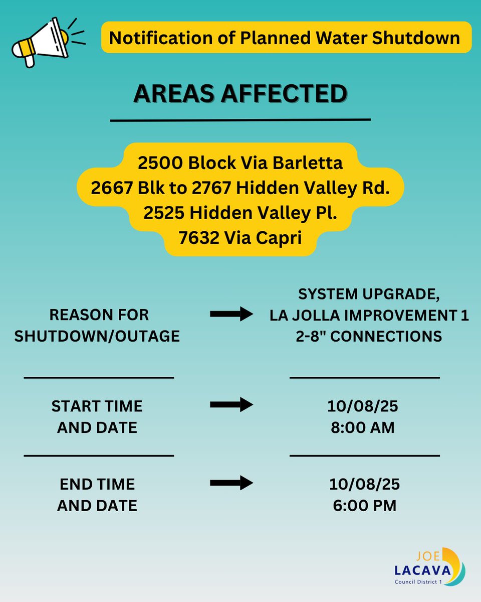Planned water shutdown in La Jolla affecting parts of Via Barletta, Hidden Valley Rd., Hidden Valley Pl., and Via Capri: City staff will shutdown water beginning 10/8/2025 at 8:00 am and concluding at 6:00 pm the same day for system upgrades.  Please plan accordingly.