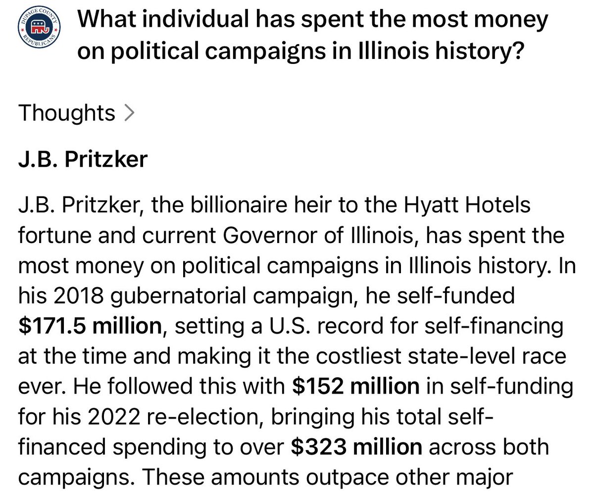 DuPageCountyGOP's tweet image. The absurdity of Illinois progressives is boundless. They plan to spend this weekend holding No Kings rallies around the County. Meanwhile their trust fund baby of a leader shatters every political spending record there is. On his two Governor campaigns alone he has spent a…