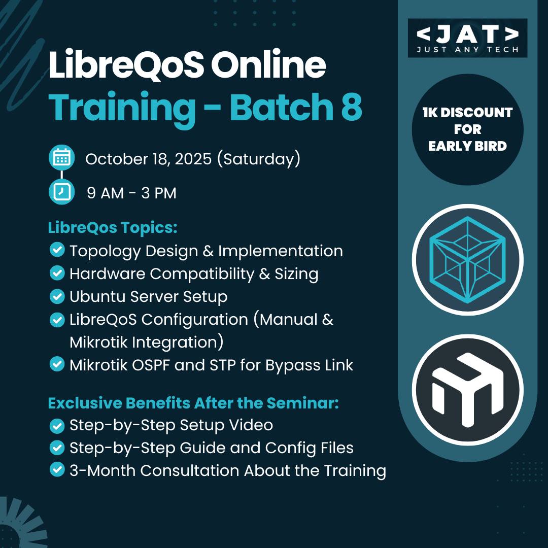 LibreQoS's tweet photo. Another #LibreQoS Online training was announced:

October 18, 2025 (Saturday), 9AM - 3PM PHST

Register Here: https://t.co/DSUfec3Pgs

#latency #QoE #bufferbloat #LibreQoSInsight #broadband #OpenSource #jitter #ISP #FWA #WiFi #FISP #WISP #QualityOfExperience #QualityOfService https://t.co/qfQRJW5jYw