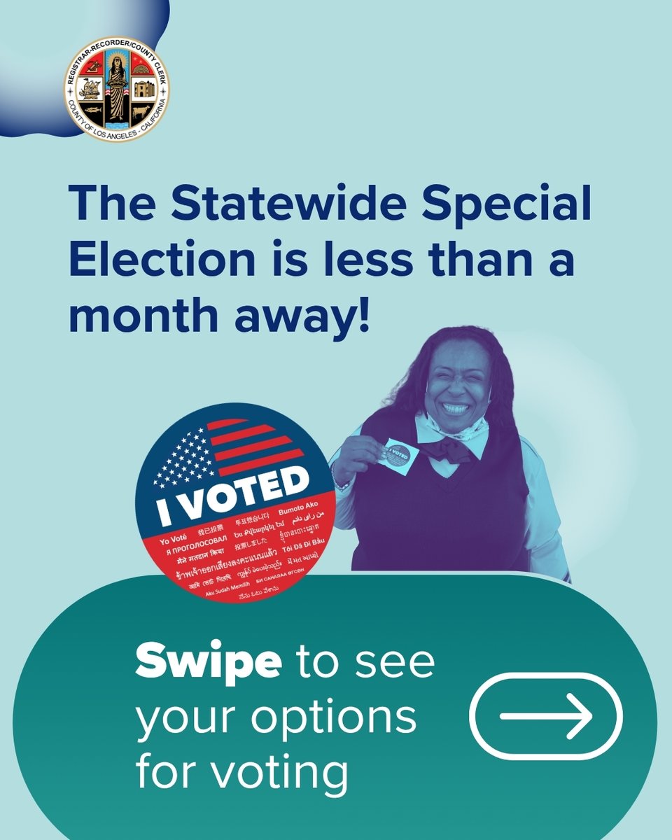 LACountyRRCC's tweet image. The Statewide Special Election is coming up and we&apos;d like voters to know that you have OPTIONS! 🗳️ However you want to cast your ballot, we&apos;ve got you covered. 

#VoteByMail #ElectionSecurity #LAVotes #CAStatewideSpecialElection