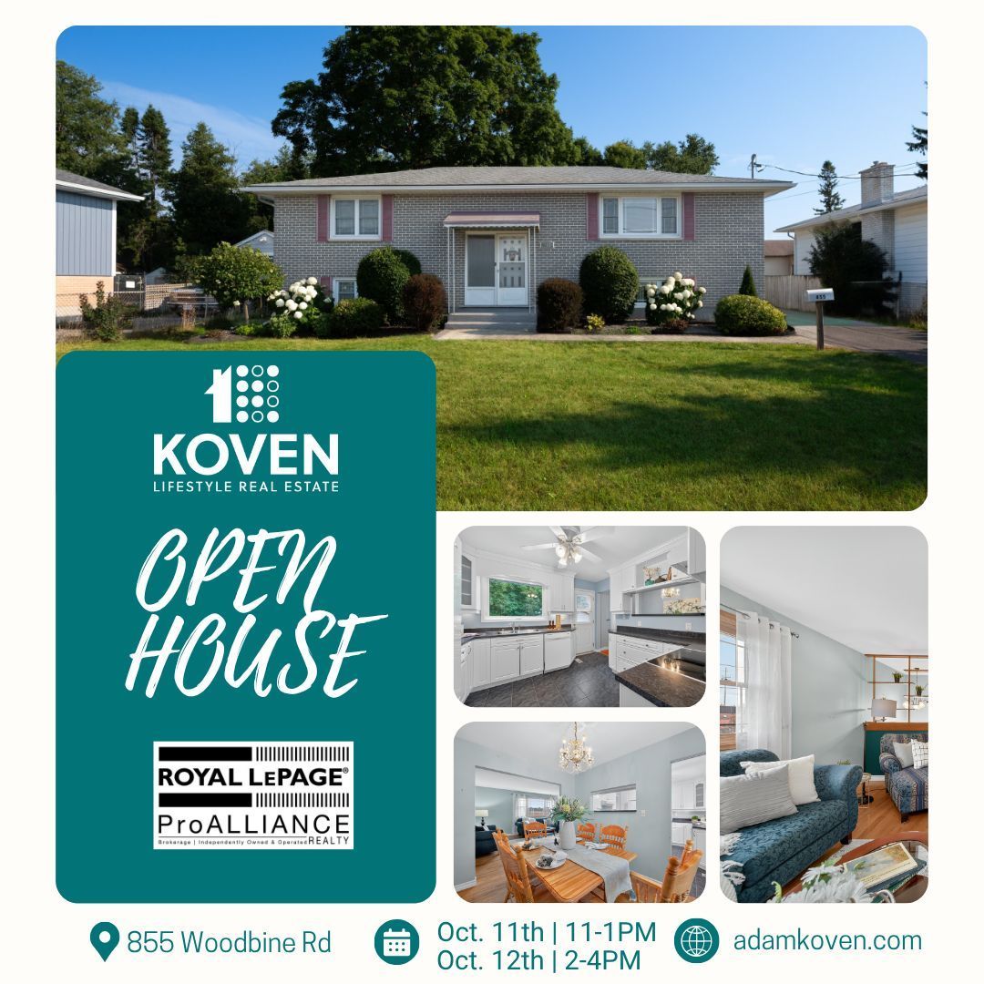 ✨ Open House✨

🏡  Versatile raised bungalow in the Woodbine neighbourhood!

📍 Location: 855 Woodbine Road
🗓 Date: Oct. 11th from 11-1PM and Oct. 12th from 2-4PM

📷 See photos, video, floor plans, and 3D virtual tour at bit.ly/419LiMg

🏠 Stop by for a tour!