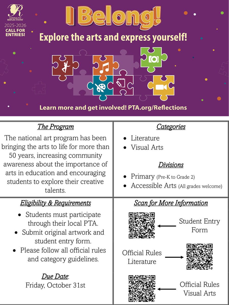 MeadowDrPTA's tweet photo. I BELONG 💭 What does it mean to belong? This is a great opportunity for your child to express themselves through literature or visual arts! Submissions are due Oct. 31st. 🙇‍♀️🙇‍♂️💬 https://t.co/QGq7IZPyt8