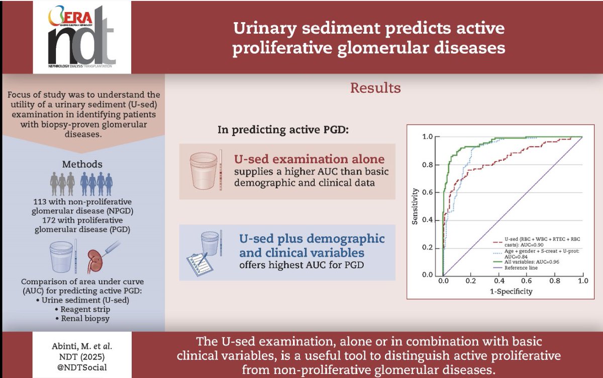 Now online in <a href="/NDTsocial/">NDT</a>

Urinary sediment predicts active proliferative glomerular diseases 

🧐U-sed alone was superior to gender/age/SCr/UACR (AUC=0.84). When added to  these variables, U-sed reached the AUC of 0.96

▶️academic.oup.com/ndt/article-ab…