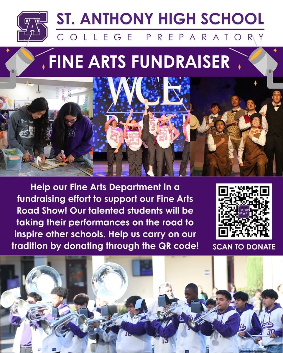 Help support our Fine Arts Program so we can share with surrounding Catholic &amp; Private K-8th schools our talents and encourage future Saints to be part of our Visual &amp; Preforming Arts Program. Donate now using the QR code. 💜🎨🎭