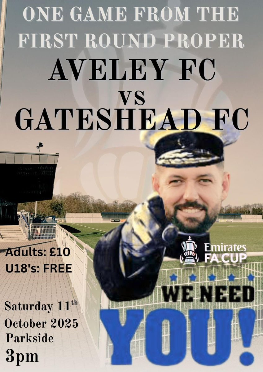 AveleyYouthFC's tweet photo. As you may be aware this Saturday 11th Oct... 1st team is at home for
The FA Cup last qualifying round vs National League Gateshead.

Entry is free for all under 18s with a accompaning adult.

Adults are ONLY £10 for this match. https://t.co/LL3iAqTkJG