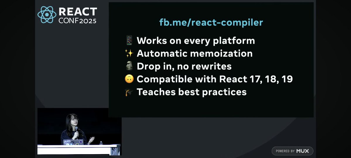 theisraataha's tweet image. React Compiler highlights with @potetotes at React Conf 2025