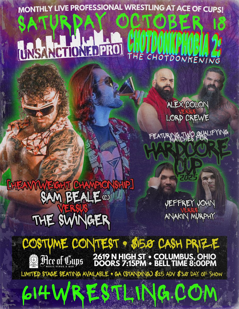 Pro party, pro wrestling: spooky edition. #UPPhobia2 🎃👻

• Wild pro wrestling (expected, duh)
• Costume contest with $150 cash prize!
• Free Halloween candy?!

WHAT MORE DO YOU NEED?!

Grab your tickets and join us NEXT SATURDAY at Ace of Cups!
🎟️ 614WRESTLING.COM