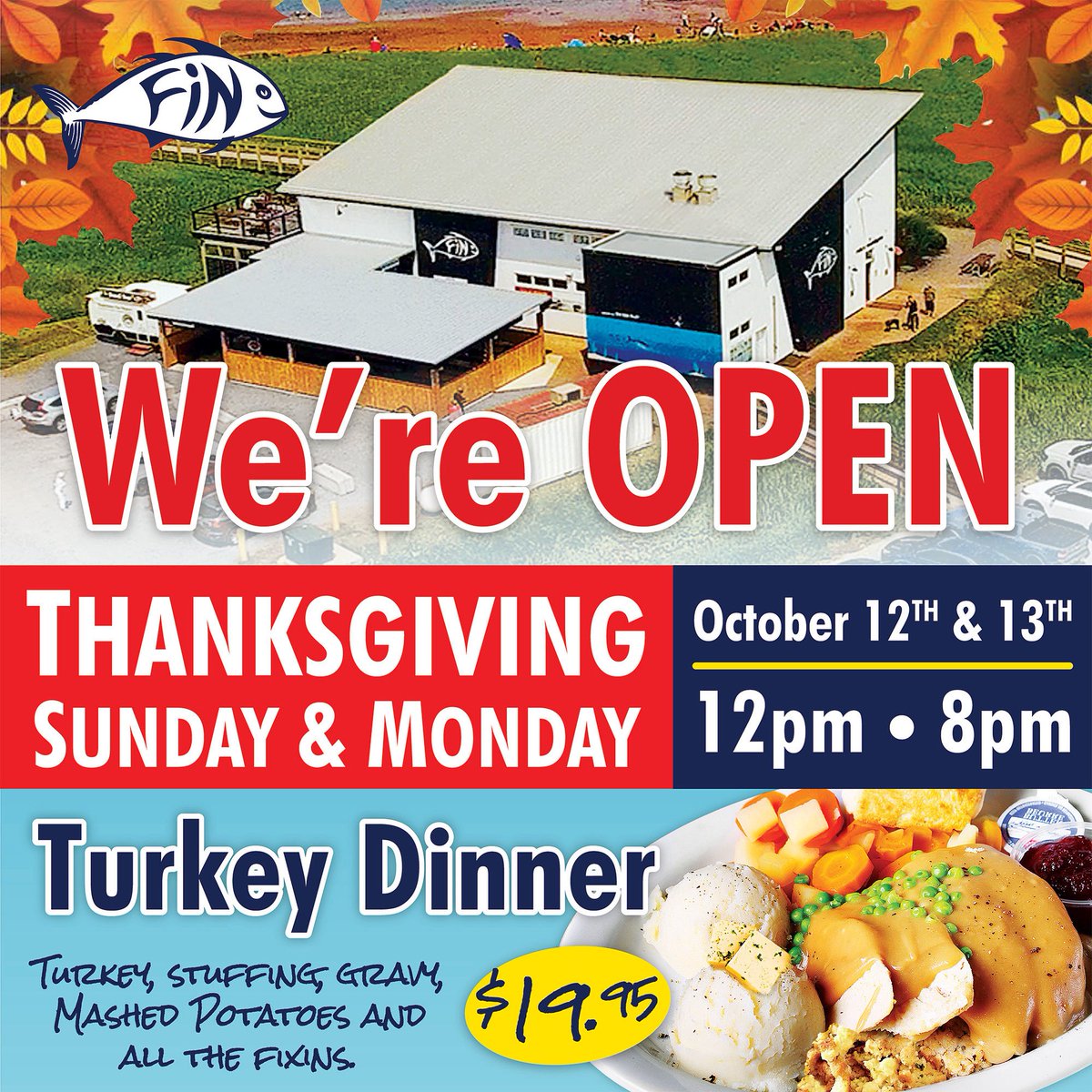 We’re back with Kenny’s Famous Turkey Dinners this Thanksgiving Sunday and Monday… and every Sunday until next spring <a href="/FinFolkFood/">Fin Folk Food</a> “We’d love to see Yah!”