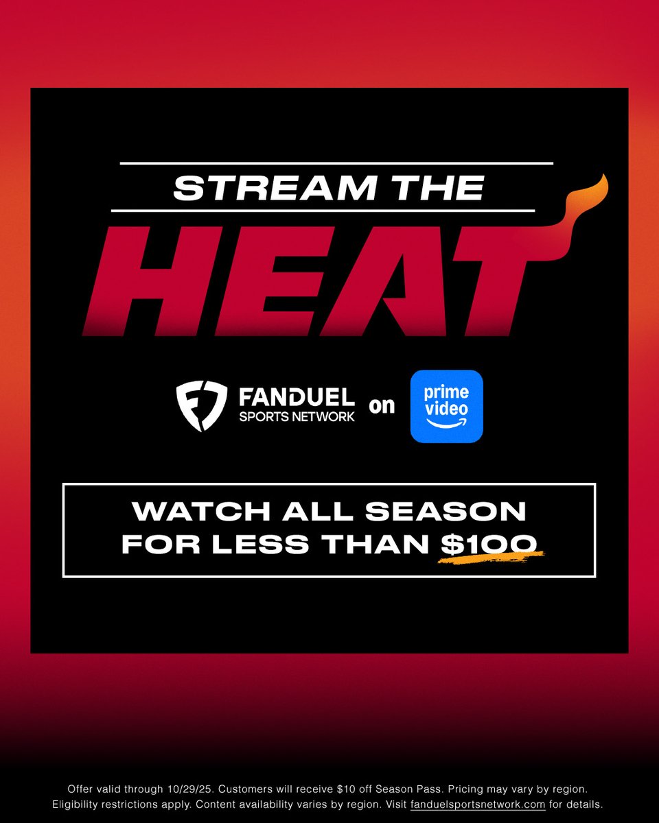 MiamiHEAT's tweet photo. Stream your HEAT all season long! 

Jump on this right now to get $10 off FanDuel Sports Network’s Season Pass when you subscribe through Prime Video - https://t.co/tvrUmOFJnZ https://t.co/bmSODmn0OM