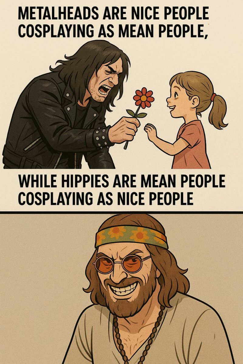 The reality is most metalheads are intellectual nerds channelling their angst into a creative alpha LARP. Most “hippies” are spoiled rich kids channeling their resentments into an enlightenment LARP

Both are valued by the quality of art their LARPs produce