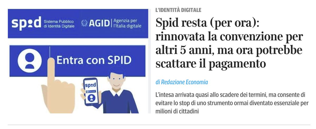 sonoclaudio's tweet image. #SPID: Assocertificatori, che rappresenta i principali gestori, ha raggiunto un accordo con @AgID e @InnovazioneGov per il rinnovo della convenzione, che garantirà la continuità del sistema per i prossimi cinque anni.
🔗 corriere.it/economia/finan…