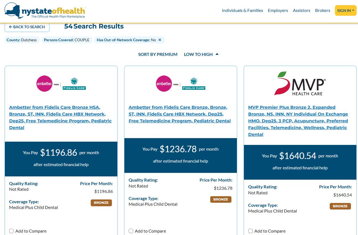 A couple making $85k in Poughkeepsie, NY are looking at paying almost 5 times as much next year as this year in health insurance premiums. First is what plans cost in '25, second is them spiking in '26. 

Is this what the MAGA "concepts of a plan" looks like?