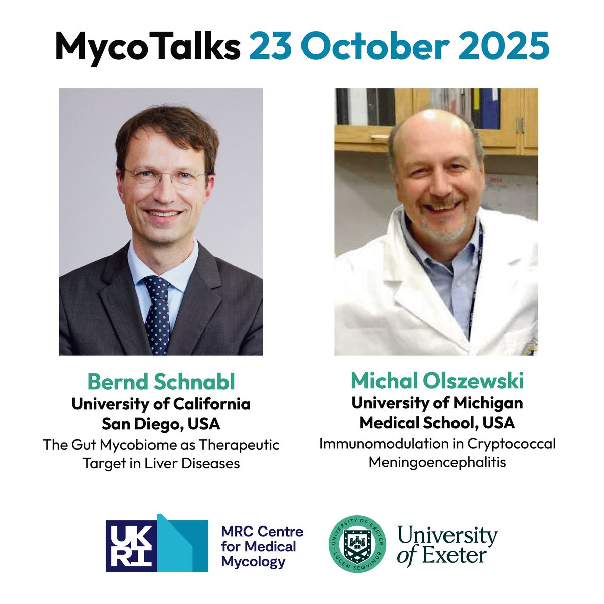 MRCcmm's tweet image. Join us for our next #MycoTalks with Bernd Schnabl and Michal Olszewski

🗓️ Thursday 23 October
🕓 16:00 (UK time)
📍 Online – open to all!

🔗 Register now to secure your spot: Universityofexeter.zoom.us/webinar/regist…