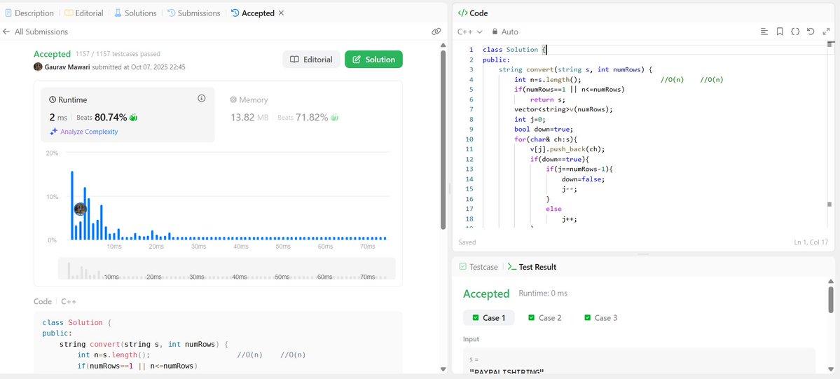 gauravmawari18's tweet image. 🌟 Day 197/200 🚀
Solved Zigzag Conversion 🔡
Simulated the zigzag traversal row by row — tracking direction changes smartly!
Time Complexity: O(n) | Space: O(n)
#200DaysOfCode #LeetCode #String #KeepCoding