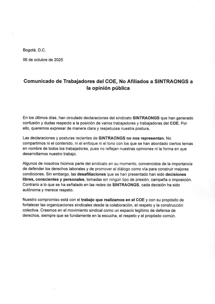 EXO1305's tweet photo. Trabajadores/as NO afiliadas a SINTRAONGS nos pronunciamos frente a las acusaciones que está haciendo el sindicato en nombre de nosotros y nosotras: no nos representan. https://t.co/GEkCeTMyxm