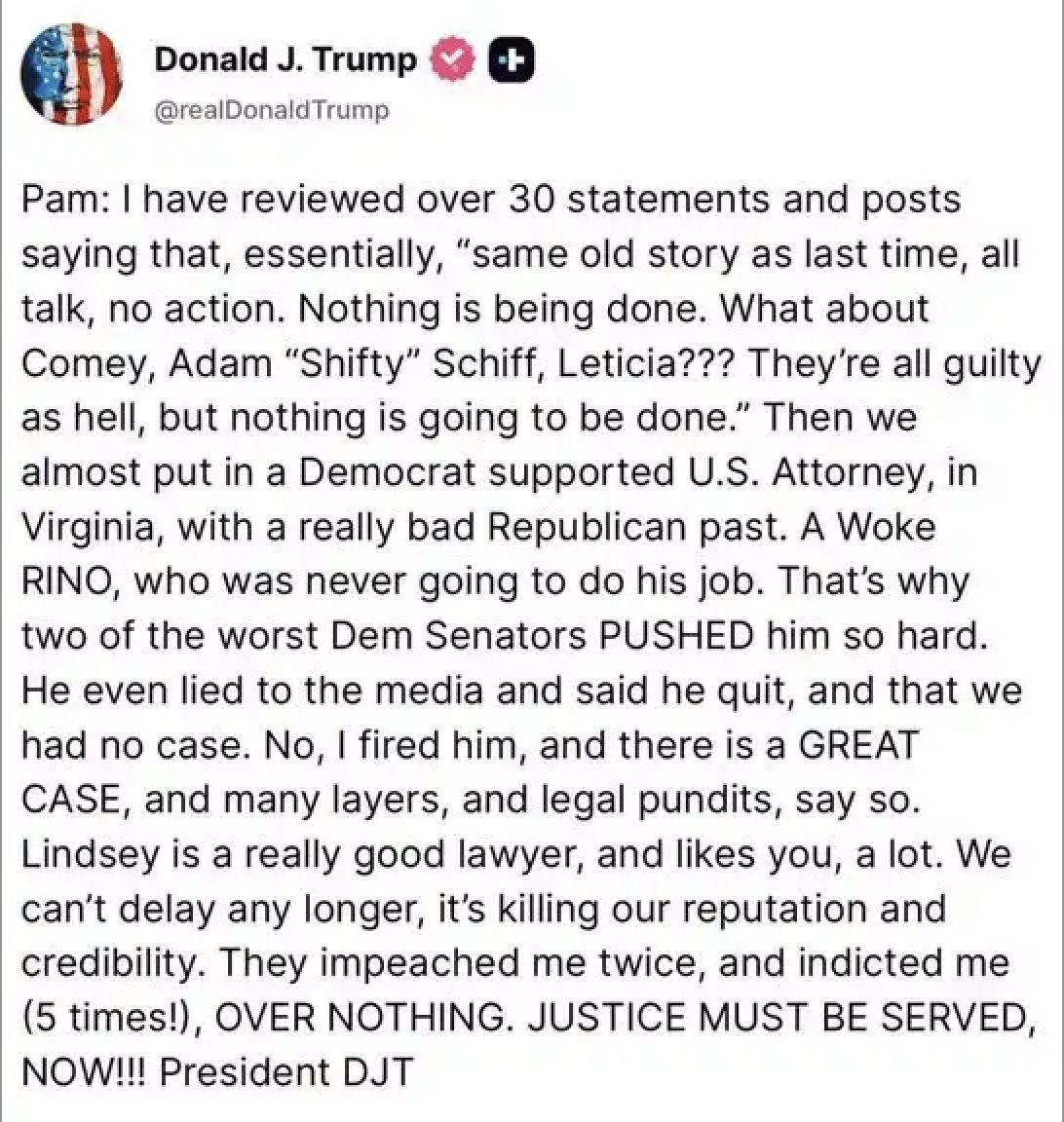 Read his own words. Donald Trump is a mob boss who directed one of his henchmen, AG Pam Bondi, to go after his political opponents. It's corruption. Plain as day.