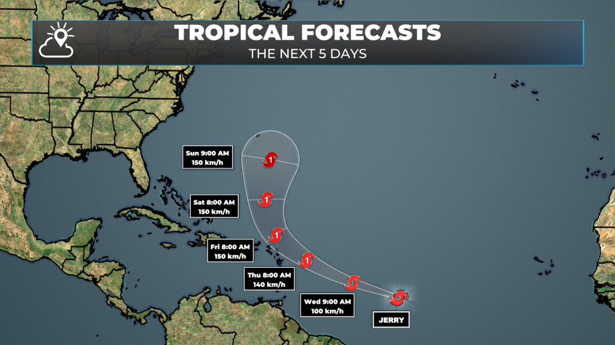 EddieSheerr's tweet image. Tropical Storm #Jerry has formed in the Atlantic. Current forecasts indicate the storm will remain north of the Caribbean before recurving near #Bermuda this weekend. This storm should not have a direct impact on Atlantic Canada's weather. #nlwx