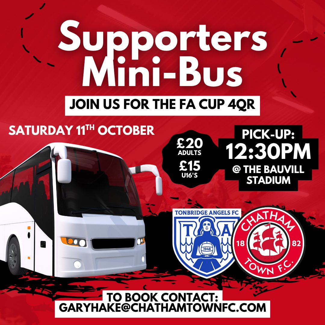 𝙎𝙐𝙋𝙋𝙊𝙍𝙏𝙀𝙍𝙎 𝙈𝙄𝙉𝙄𝘽𝙐𝙎 🚐

We have limited availability left on our minibus for Saturday’s huge <a href="/EmiratesFACup/">Emirates FA Cup</a> tie away at @TonbridgeAngels! 

Make sure you contact us to reserve your spot:
garyhake@chathamtownfc.com 

🔴⚪️⚫️ #UpTheChats