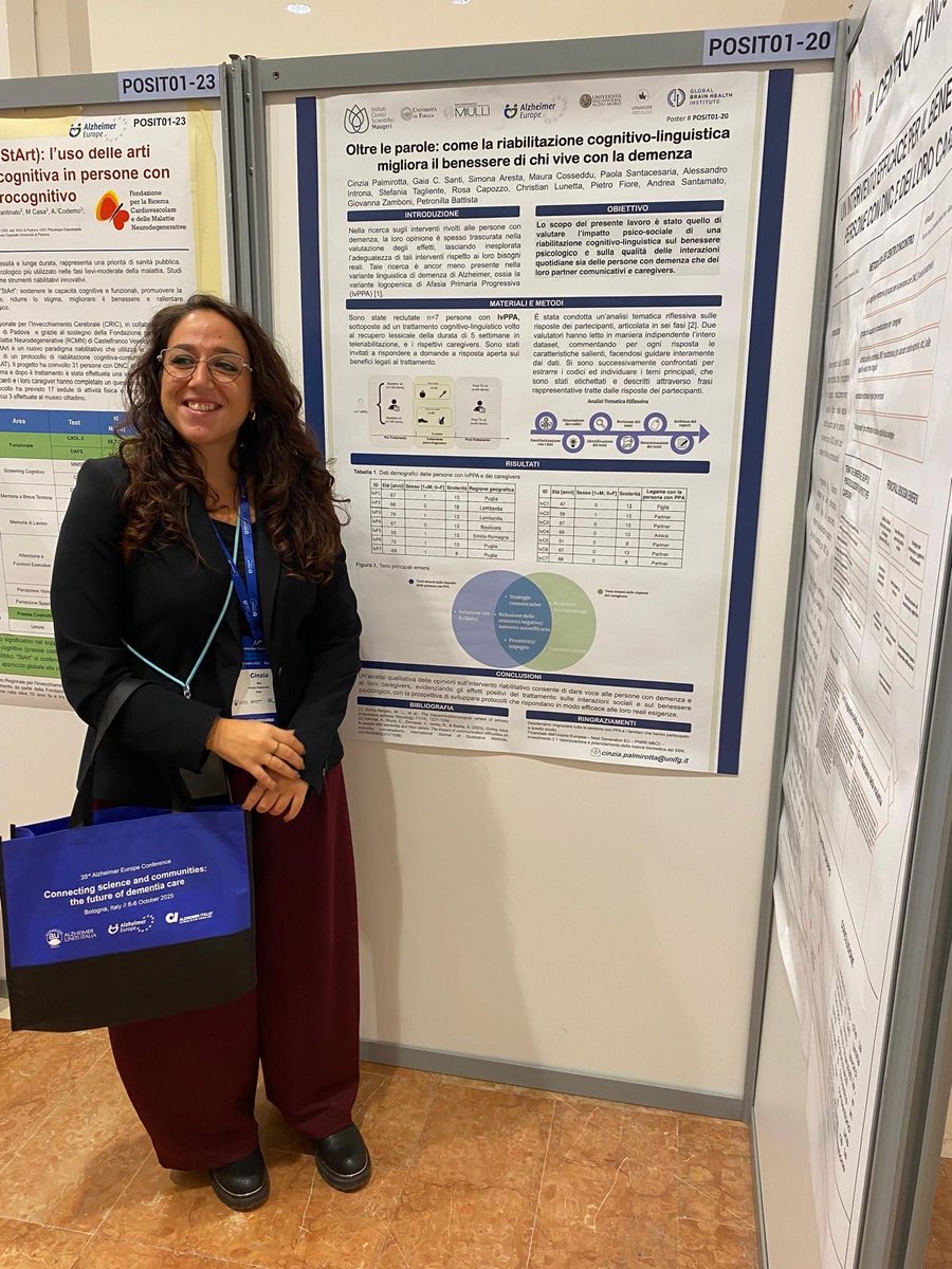 PPAItalia's tweet photo. Our very own Cinzia Palmirotta with a fabulous poster @AlzheimerEurope on showcasing the positive psycho-social impact of cognitive-linguistic rehab on people with dementia and their caregivers! 👏🏻 well done! #ppa #rehab #speechtherapy #neuropsychology #QoL https://t.co/8AEv8WHwXf