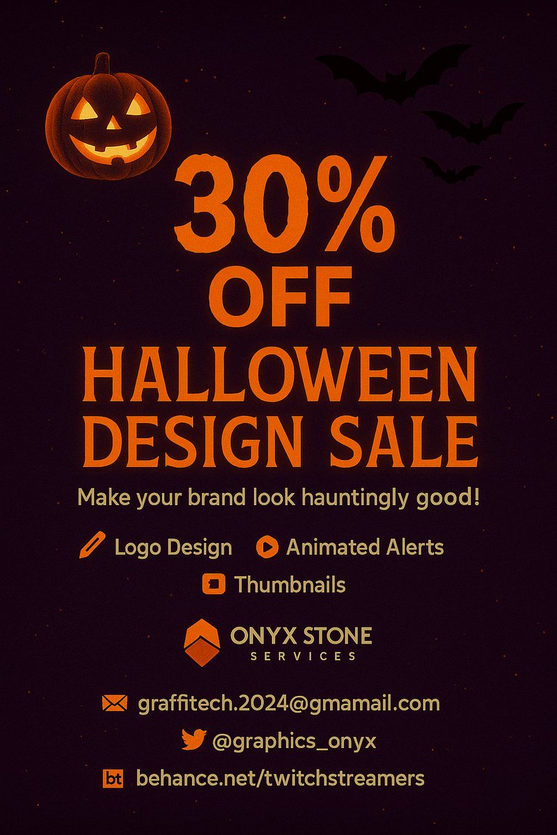 graphics_onyx's tweet image. 🕸️🎃 Halloween Special Treat! 🎃🕸️
No tricks, just terrifyingly good designs! 👻
Get 30% OFF on all Graphic Design Services this Halloween season from logo animations to stream overlays, posters, and more!
🔥 Offer valid till October 31st!
