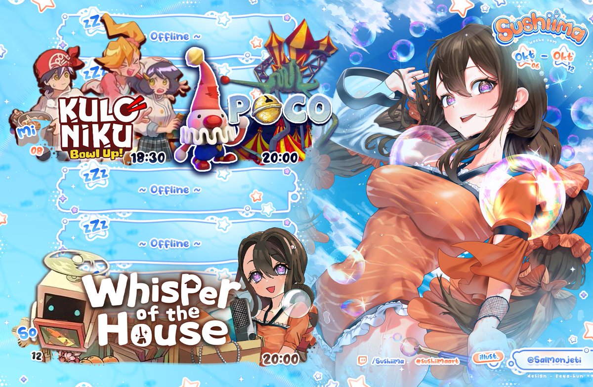 🗓️ Wochen-Streamplan 🗓️

🔹Mi: KULO NIKU &amp; POCO🍜18:30Uhr 
🔸So: Whisper of the House📦20Uhr

🎣twitch.tv/sushiima
「  #Vtuber ⋆ #GerVtuber ⊹ 」