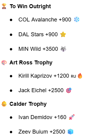 ZaarkoLocks's tweet photo. The NHL season is finally here 🧊🔥
Time to lock in some futures before the puck drops 🎯
Long year ahead — we’re riding with the dogs, the snipers, and the goalies built for chaos. 🐺🥅

NHL Futures 2025 ⬇️
#ZaarkoKnows #NHL #NHLbets #GamblingTwitter #HockeySeason https://t.co/27yft9E6g6