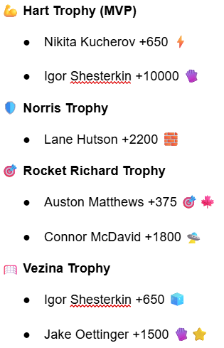 ZaarkoLocks's tweet photo. The NHL season is finally here 🧊🔥
Time to lock in some futures before the puck drops 🎯
Long year ahead — we’re riding with the dogs, the snipers, and the goalies built for chaos. 🐺🥅

NHL Futures 2025 ⬇️
#ZaarkoKnows #NHL #NHLbets #GamblingTwitter #HockeySeason https://t.co/27yft9E6g6
