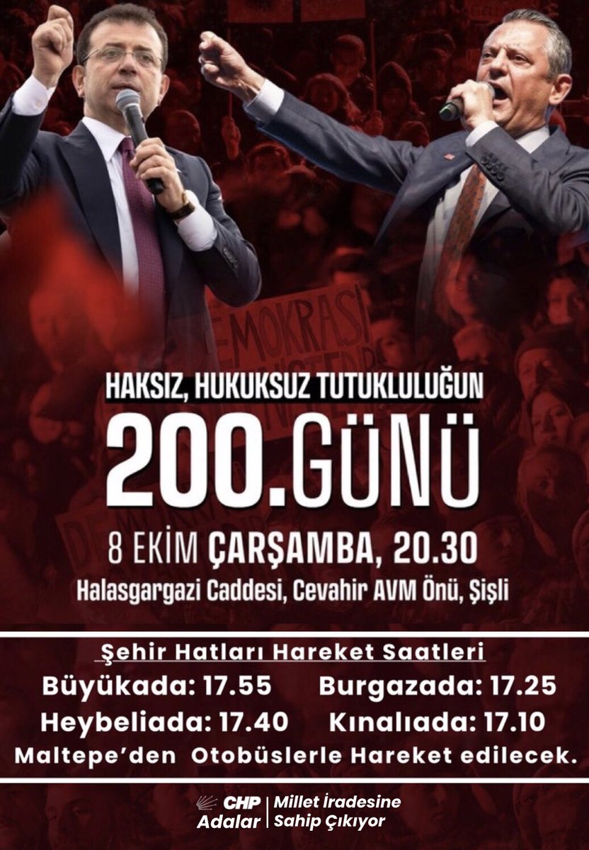 Kurtuluş yok tek başına, ya hep beraber ya hiçbirimiz! ✊

Genel Bşk Özgür Özel’in öncülüğünde, 15,5 milyon oyun iradesiyle seçilen Cumhurbaşkanı adayımız Ekrem İmamoğlu ve tüm yol arkadaşlarımıza yönelik 200 gündür süren haksız ve hukuksuz tutukluluğa karşı bir araya geliyoruz