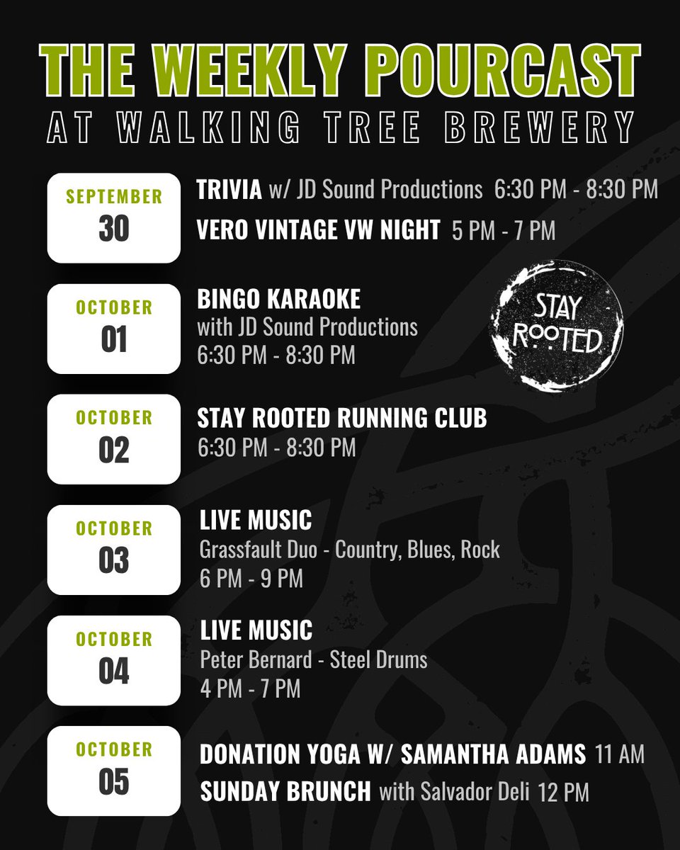Another week of WTB, coming right up! Come hang with us and sip on some of the best craft beer around. 🍻

#walkingtreebrewery #stayrooted #craftbeer #verobeachfl #brewerynearme #verobeachbeer #livemusic #drinklocal #verobeachlivemusic