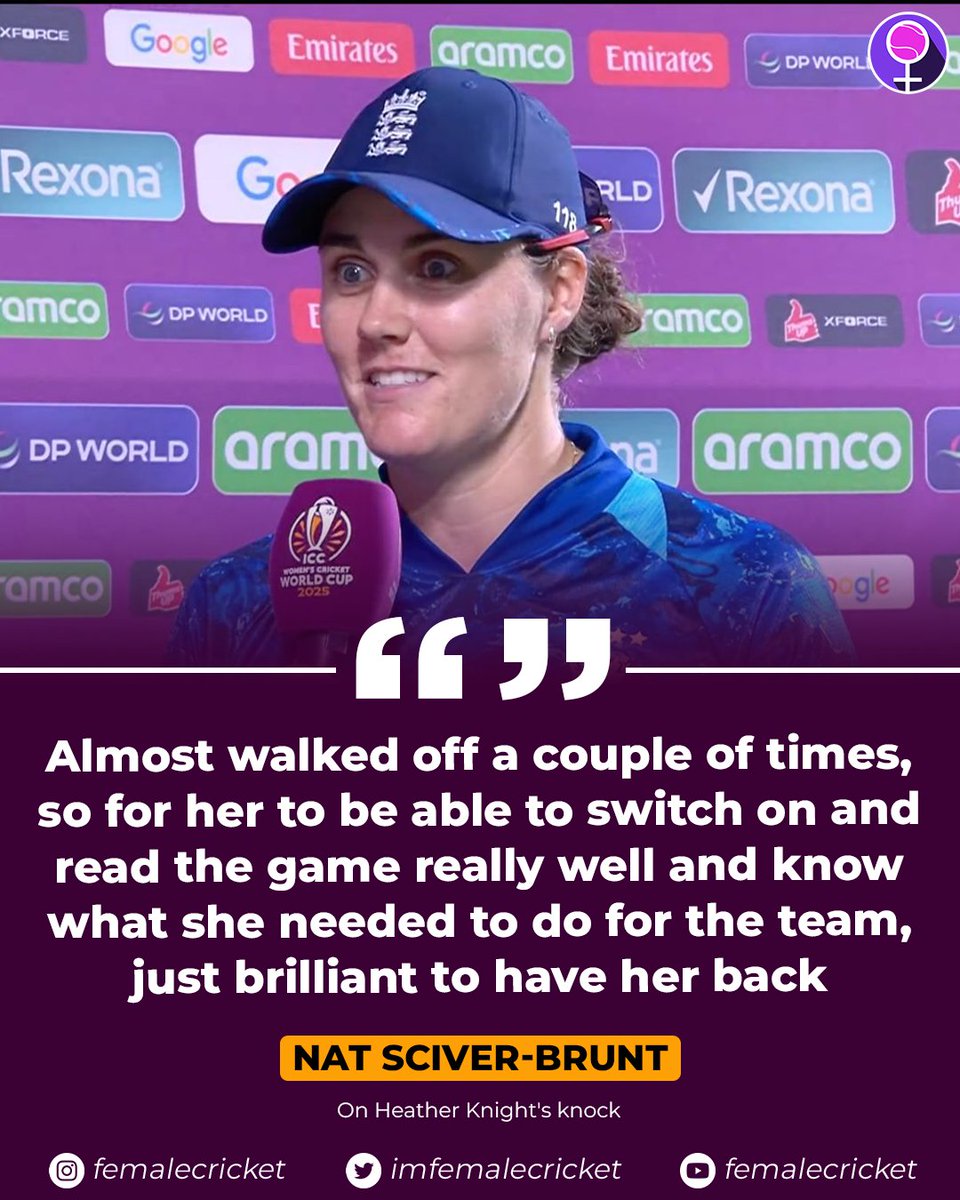 imfemalecricket's tweet photo. Heather Knight's match-winning 79* lauded by Nat Sciver-Brunt for her clutch performance! ๐ ๐
#CricketTwitterย #CWC25ย #BANvENG https://t.co/jLcDsIqzL8