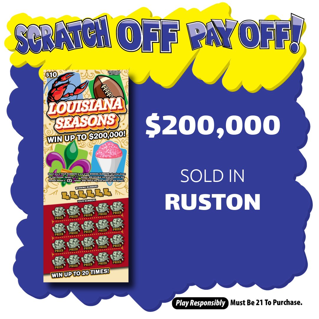 LALottery's tweet image. Congrats to ZZ Mart on S. Farmerville Highway in #Ruston! 🎉

They recently sold the LAST $200,000 TOP prize-winning Louisiana Seasons #ScratchOff! 🤩

🔗brnw.ch/21wWqq4