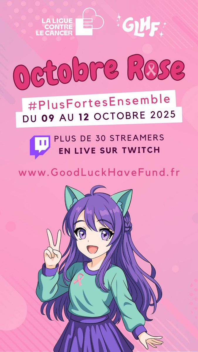 🩷GLHF x Octobre Rose🩷

Soyez avec nous ce weekend pour soutenir La Ligue Contre Le Cancer, du 9 au 12 oct!✨

💜Pour + d'infos : goodluckhavefund.fr