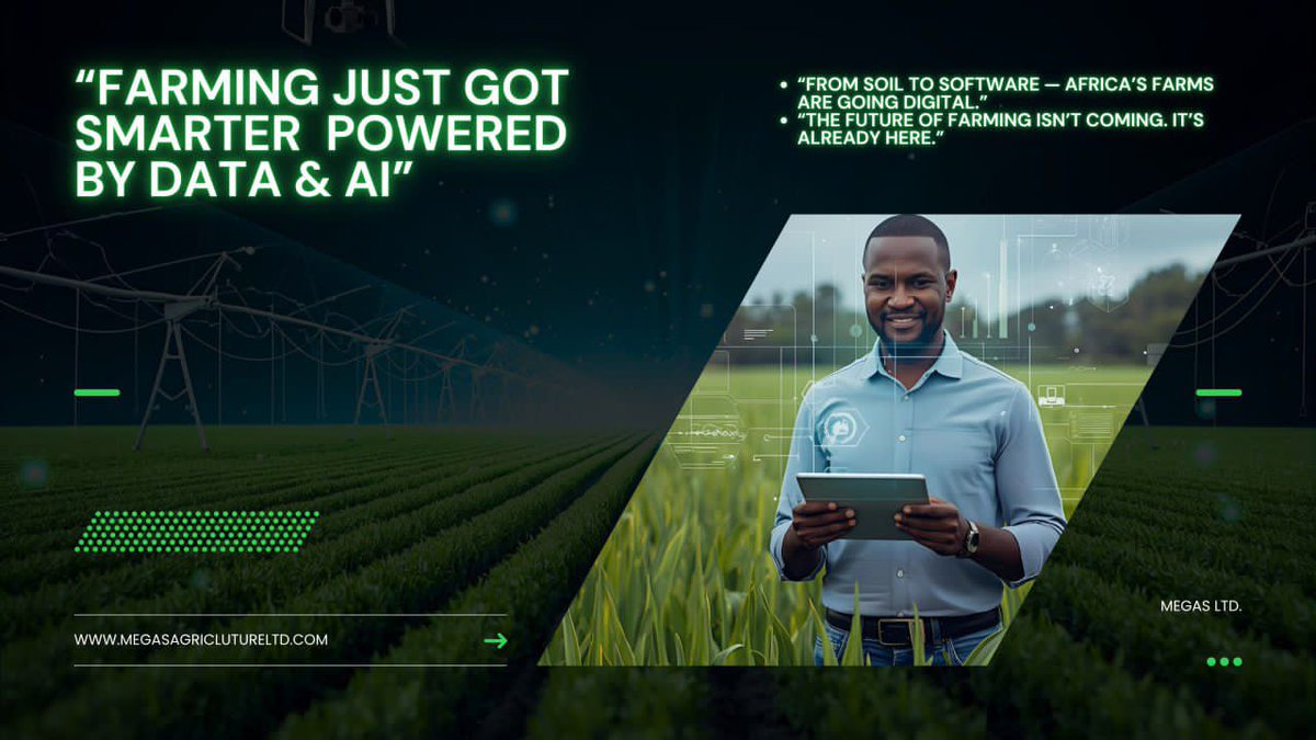MEGASagrotech's tweet photo. Data is the new soil and AI is the rain that helps it grow. 

At Mégas Agriculture, we’re using data-driven insights and artificial intelligence to help farmers make smarter decisions from predicting rainfall to detecting crop diseases early.

With AI tools and precision farming, we reduce waste, increase yields, and ensure every seed counts.

This is how we build food security and prosperity, one smart farm at a time. 

#SmartAgriculture #MegasAgriculture #AIinFarming #AgriTech #DataDrivenFarming #SustainableGrowth #FoodSecurity #AfricaRising
