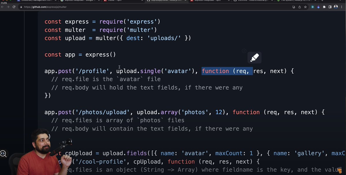 Sanket863's tweet image. 🚀 Day 14 of Backend Learning!

📸 Learned Multer – handles multipart/form-data for file uploads
☁ Explored Cloudinary for cloud storage
🎥 Perfect for handling profile pics &amp;amp; thumbnails
Next: HTTP Methods &amp;amp; Headers with @Hiteshdotcom  sir.
#Backend #NodeJS #Multer #Cloudinary