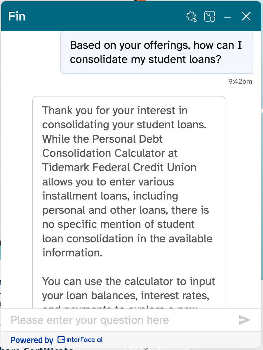 interfaceAI's tweet image. Alongside Voice AI, Tidemark FCU has now gone live with Chat AI on their site!
With Voice + Chat AI, @TidemarkFCU is reaping the benefits of interface.ai’s 'One AI Brain'.
👉 Try it out: tidemarkfcu.org
#ChatAI #VoiceAI #MemberExperience #CreditUnions