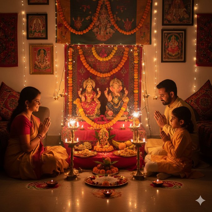 A warmly lit room decorated with red and gold tapestries, hanging flower garlands of marigolds, and framed pictures on walls. In the center, a red altar cloth covers the floor with a brass tray holding sweets, fruits, and betel leaves. Two deities, Lakshmi and Ganesha idols adorned with red and gold cloth and jewelry, are placed on the altar surrounded by lit oil lamps and incense sticks. A family of four, including a man in yellow kurta, woman in yellow saree, and two children in traditional attire, sits cross-legged on cushions praying with folded hands before the altar. Fairy lights and diyas illuminate the devotional setup.
