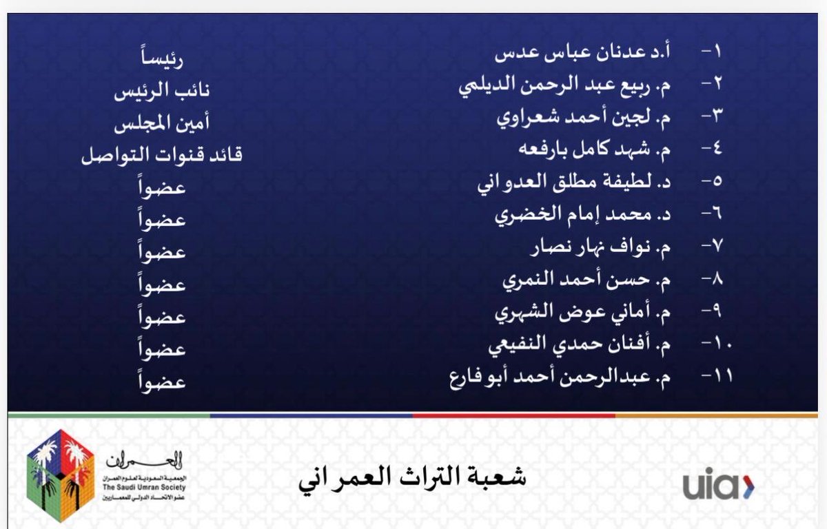 حرصاً من ⁧#العمران⁩ على تطوير آداء برامجها للقيام بدورها المجتمعي،
تقرر إعادة تشكيل مجلس إدارة شعبة التراث العمراني ⁦⁦<a href="/Umran_Heritage/">شعبة التراث العمراني</a>⁩ 
بعضوية نخبة من المتخصصين والمهنيين متمنين لجهودهم دوام التوفيق والسداد.