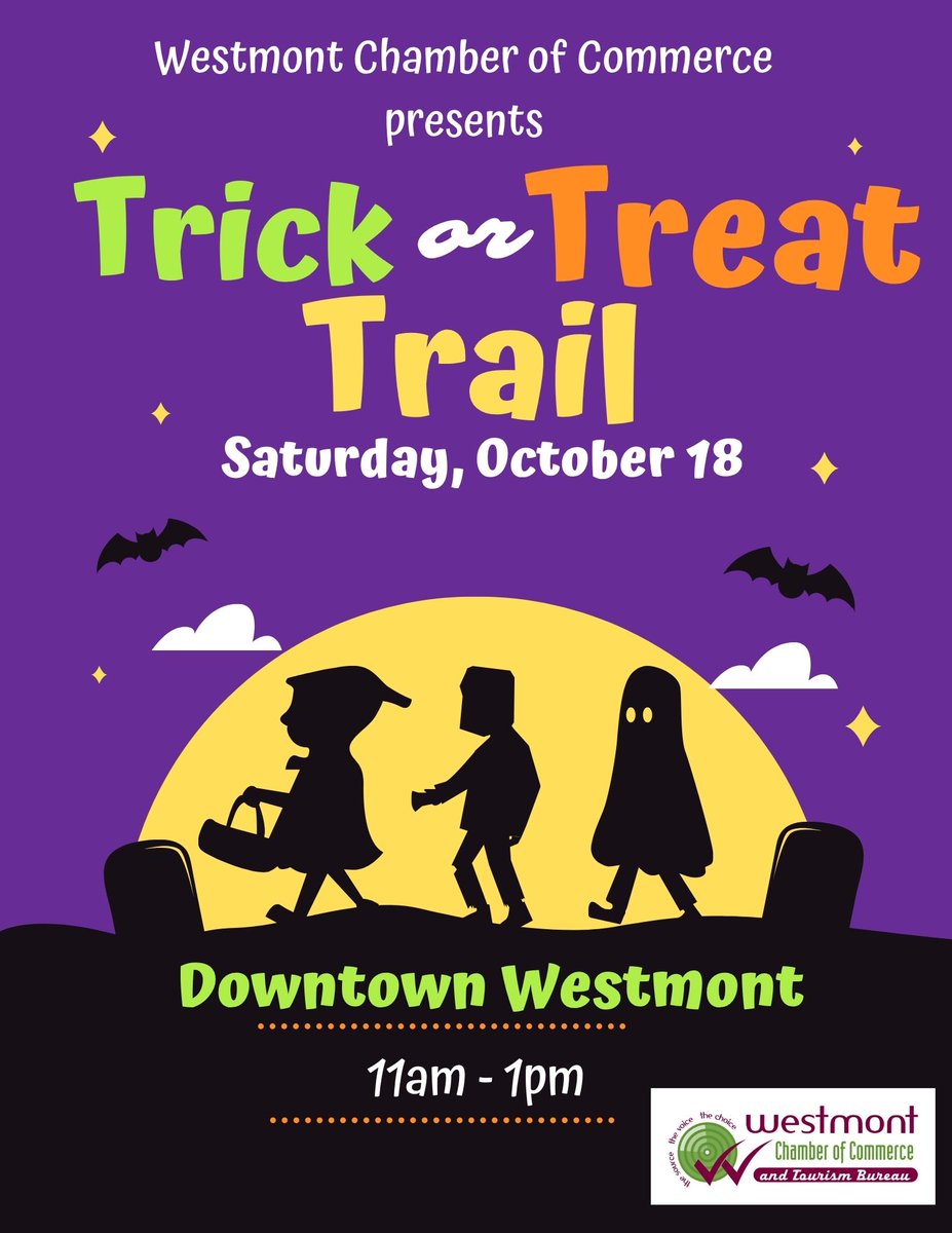 Westmont Trick or Treat Trail is Saturday, October 18, 2025.  Find out more information here: business.westmontchamber.com/events/details…