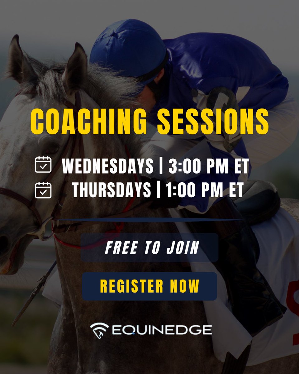 EquinEdge's tweet photo. 🏇 Ready to level up your game? Join our FREE Coaching Sessions!
📅 Wed 3PM ET | Thurs 1PM ET
Learn the tools. Play smarter. Win more. 💥 https://t.co/oO1BJy8LQD
#EquinEdge #LearnToWin #HorseRacing https://t.co/7Gc2aB7Wkv
