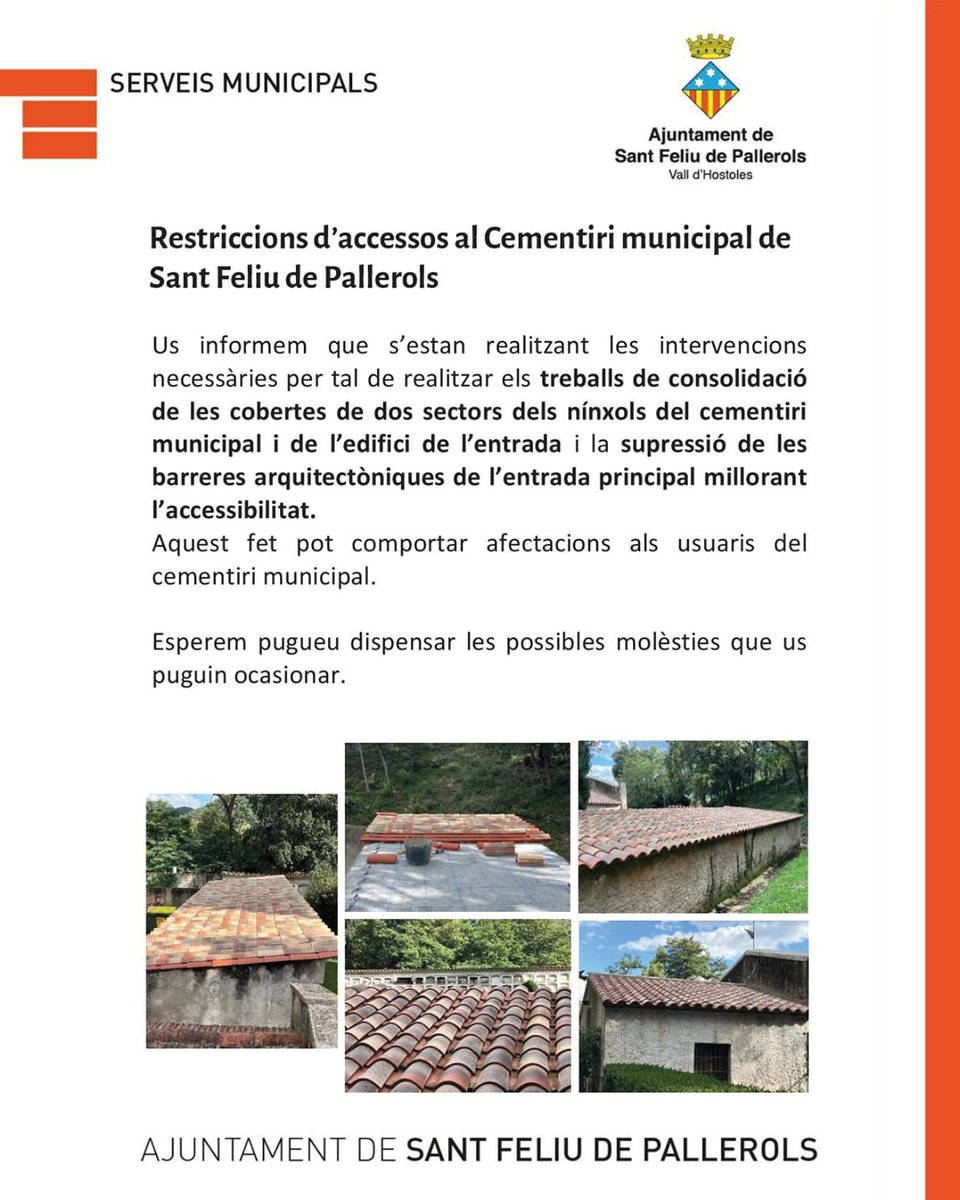 Restriccions d'accessos al Cementiri municipal de #santfeliudepallerols 🚧

S'estan realitzant diversos treballs de consolidació i la  supressió de les barreres arquitectòniques.🏗️

Esperem pugueu dispensar les possibles molèsties que us puguin ocasionar.🙏

 #cementirimunicipal