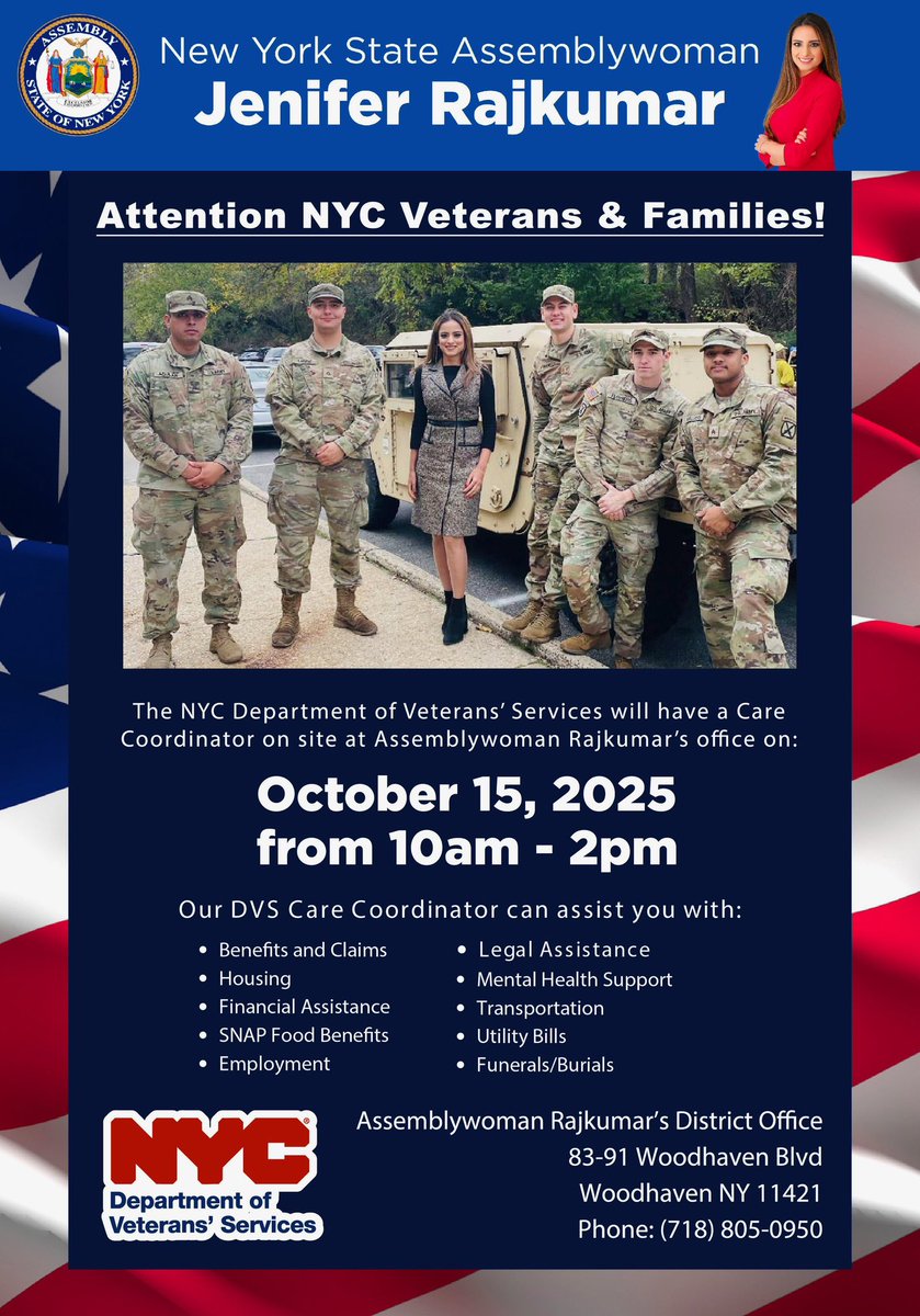 JeniferRajkumar's tweet image. Are you a veteran who needs assistance? I’ve got your back! I’m partnering with the NYC Department of Veterans’ Services to host a Veterans Resource Center in my District Office.

Come to my office and sit down with a Care Coordinator to get help.

Whether you need benefits and…