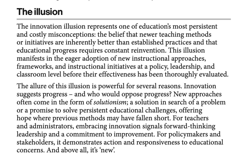 Carl Hendrick (@c_hendrick) on Twitter photo The Innovation Illusion: Most of what’s worth knowing in education isn’t new, and most of what’s new isn’t worth knowing. The Innovation Illusion: Most of what’s worth knowing in education isn’t new, and most of what’s new isn’t worth knowing.