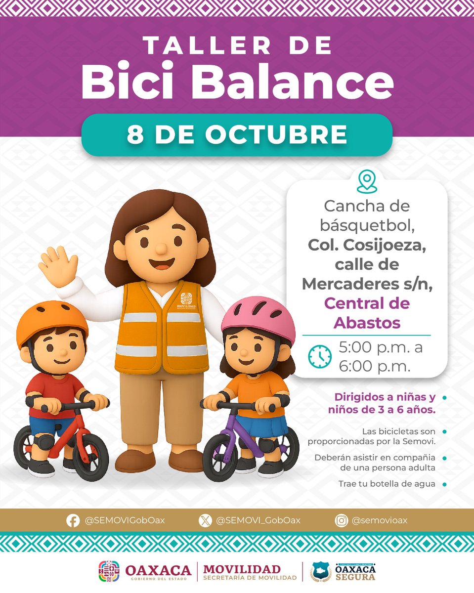 ¡Niñas y niños, a rodar se ha dicho! 🚴‍♀️🚴‍♂️
Los esperamos en el taller de Bicibalance en la cancha de básquetbol de la Col. Cosijoeza, calle de Mercaderes, Central de Abastos.
¡Aprendan y rueden con nosotros!
#MovilidadQueTransforma #OaxacaSegura