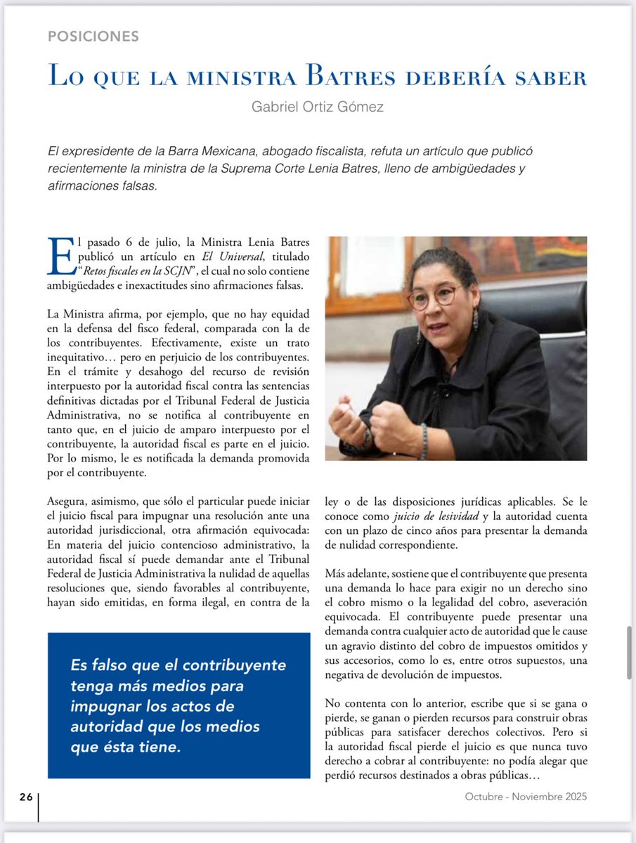 GLaveaga's tweet photo. Gabriel Ortiz Gómez , antiguo presidente de la @BMA_Abogados, hace una severa crítica a Lenia Batres, ministra de la @SCJN, en 'La Barra', revista del Colegio: https://t.co/0knMizDHLR