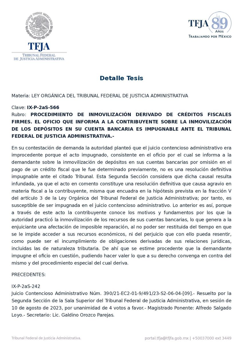 ColNacTrib's tweet photo. 📜 El TFJA resolvió que el oficio que comunica la inmovilización de depósitos bancarios por créditos fiscales firmes es impugnable en juicio contencioso administrativo, al considerarse como una resolución definitiva que causa agravio en materia fiscal. ⚖️ https://t.co/NdX6BzdJIm