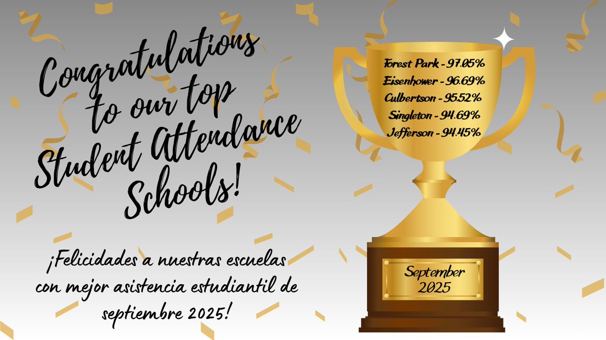 Joliet Schools 86 (@joliet86spanish) on Twitter photo Felicidades a <a href="/ForestParkIED86/">Forest Park I.E.</a>, <a href="/EisenhowerD86/">Eisenhower Academy</a>, <a href="/CulbertsonD86/">CulbertsonElementary</a>, <a href="/SingletonD86/">Singleton Elementary</a> y <a href="/JeffersonD86/">Jefferson Elementary</a> por liderar la asistencia estudiantil en el mes de septiembre.
#D86Hope Felicidades a <a href="/ForestParkIED86/">Forest Park I.E.</a>, <a href="/EisenhowerD86/">Eisenhower Academy</a>, <a href="/CulbertsonD86/">CulbertsonElementary</a>, <a href="/SingletonD86/">Singleton Elementary</a> y <a href="/JeffersonD86/">Jefferson Elementary</a> por liderar la asistencia estudiantil en el mes de septiembre.
#D86Hope