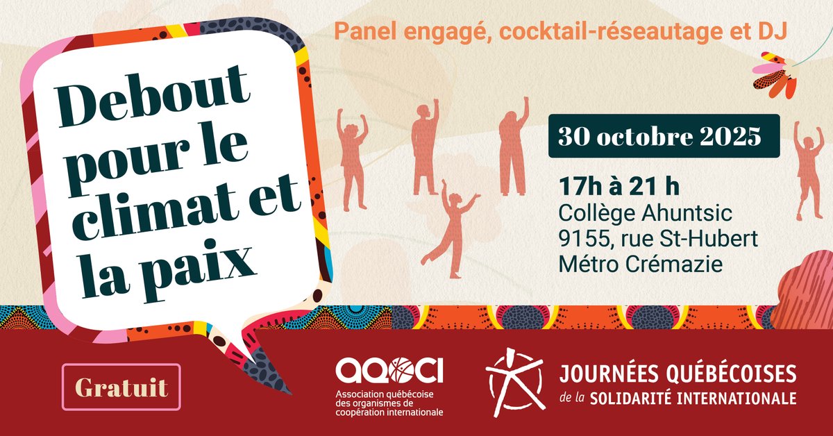 AQOCI's tweet image. 📅 Les #JQSI2025 sont de retour!

Dans un contexte de conflits, d’urgence climatique et de reculs des droits humains, la solidarité est plus essentielle que jamais.

Joignez-vous à nous pour l'événement de lancement – Debout pour le climat et la paix!
👉jqsi.qc.ca