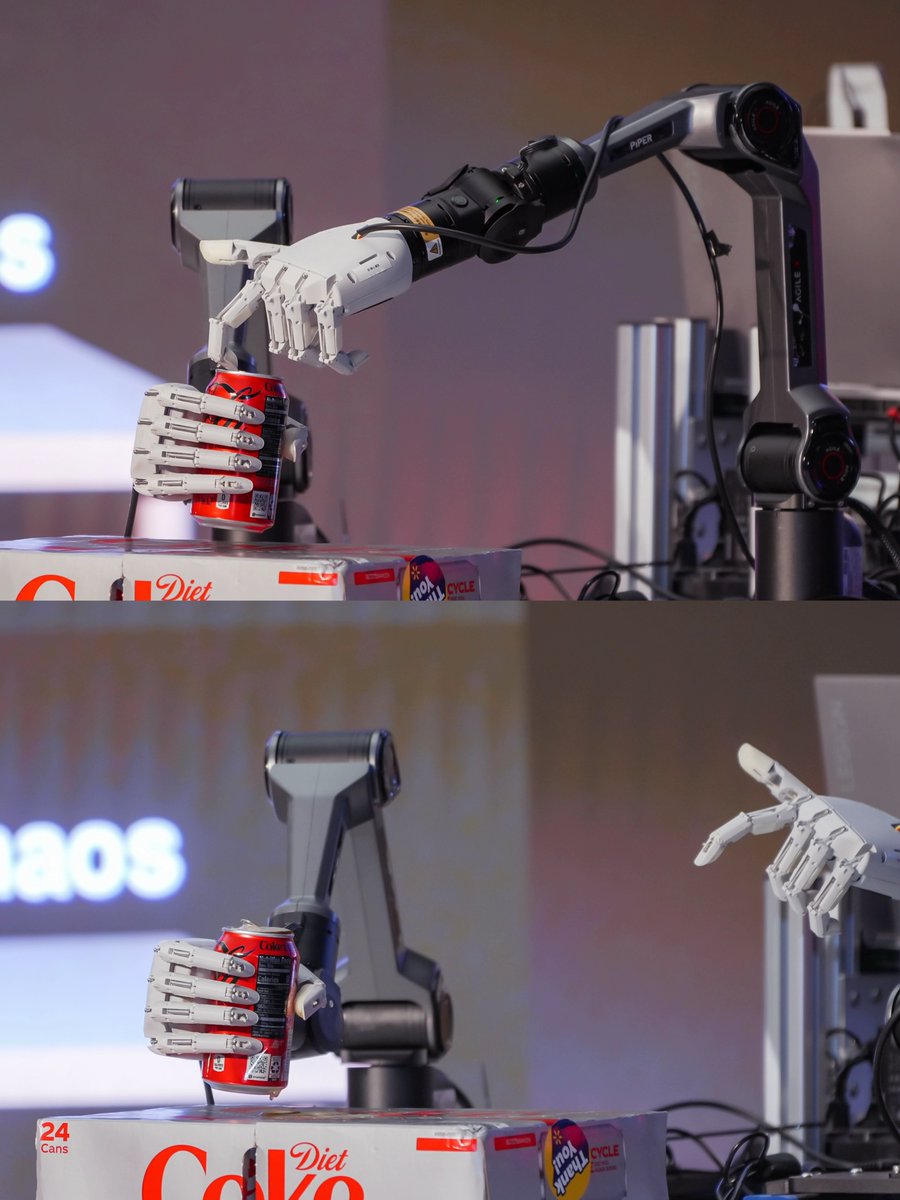 TetherIA_ai's tweet image. We had an incredible time at the Valley 101 Tech Summit last Sunday! 
Our CEO Evan Tao joined the afternoon panel as a speaker to share insights on robotics innovation, while our CTO Joe Dong demonstrated our own dexterous robotic hand live — even opening a soda can on stage…